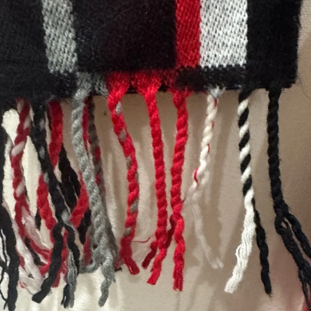 100% Cashmere Scarf – Made in Scotland, Red & Black Geometric Check (68” x 12”)